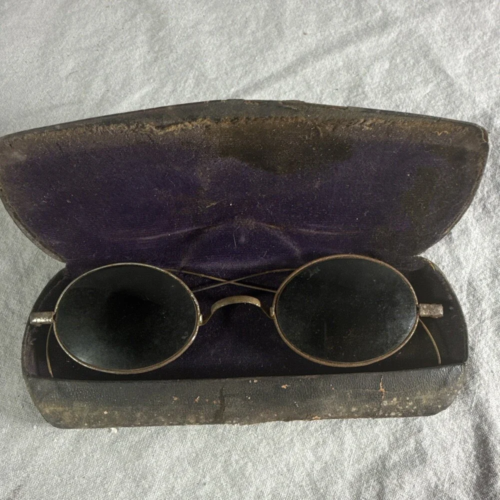 Antique Victorian Wire Rim Sunglasses Coiled Cable Temples Oval Lens Case As-Is